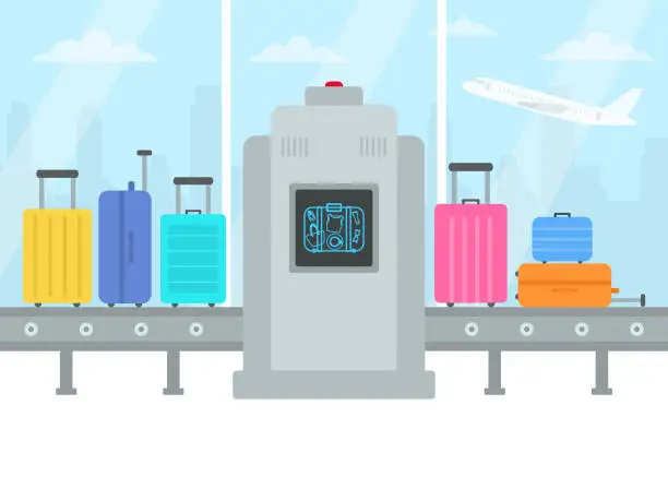 Vector illustration of Airport Security Checkpoint With X-Ray Device Scanning Luggages. Airline Security System