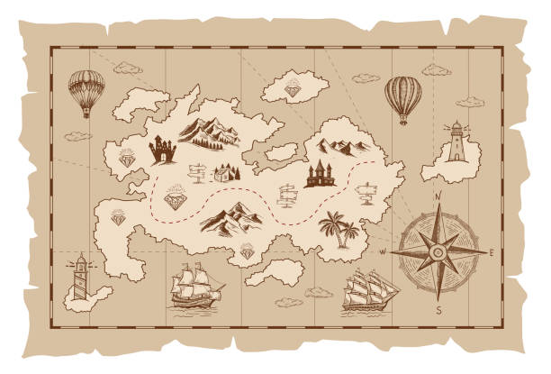 ilustraciones, imágenes clip art, dibujos animados e iconos de stock de antiguo mapa del tesoro boceto vectorial. ilustraciones dibujadas a mano, vectorial. - adventure history map backgrounds