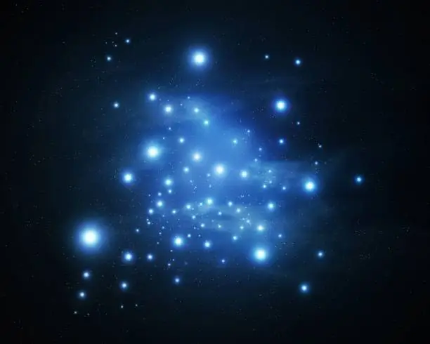 Pleiades in the sky isolated. Bright blue stars in space. Cluster of young stars.