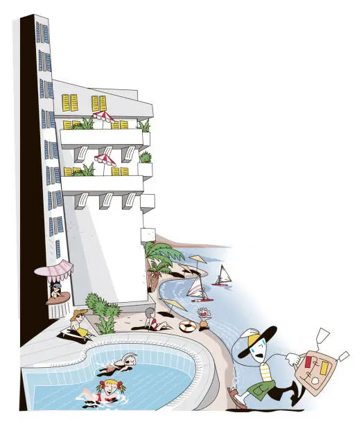 Vector illustration of beach seaside pool hotel resort tourists