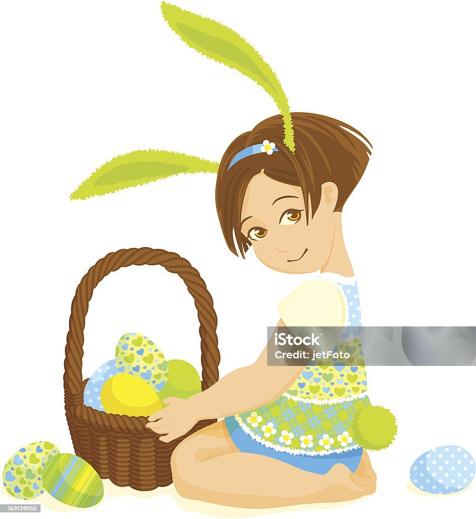 Маленькая девочка с Кролик с корзина яиц - Векторная графика Белый фон роялти-фри