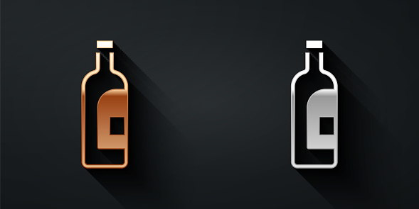 Gold and silver Bottle of wine icon isolated on black background. Long shadow style. Vector.
