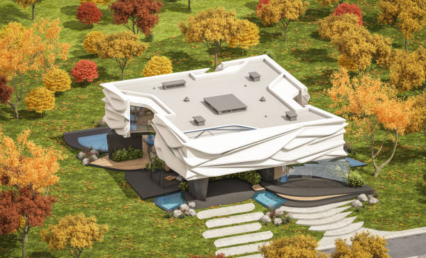 istock 3d rendering of modern house with bionic natural curves plastic forms in autumn day 1631413416