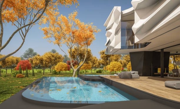 istock 3d rendering of modern house with bionic natural curves plastic forms in autumn day 1631413433