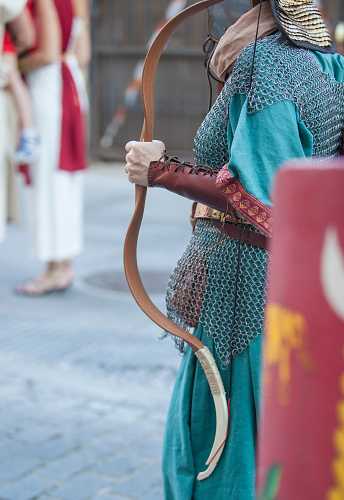 Woman dressed as syrian archer, as part of the Roman auxiliary regiments. Historical reenacment