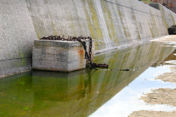 istock Concrete block with rusty chain on a puddle of green water 1631431402