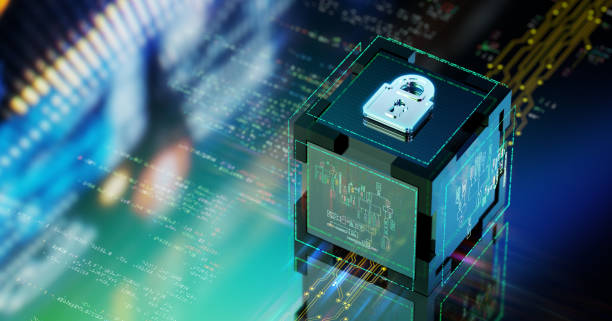 istock Innovations of Internet Security. Security and safety Evolution. Futuristic lock and quantum central processing unit. CGI 3D render 1631439197