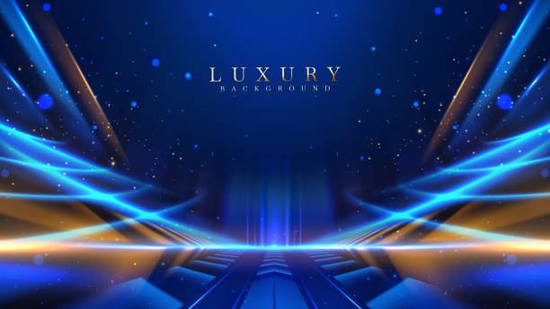 istock Blue luxury background with golden line decoration and curve light effect with bokeh elements. Modern art elegant dark scene. 1631447986