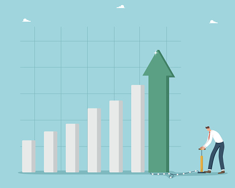 Hard work to achieve high results and success in work or study, rapid career growth and salary increases, economic or investment growth, rapid business development, man is pumping last column of graph