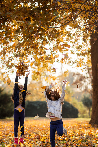 Girls playing and cheering on a falling leafs in the autumn park