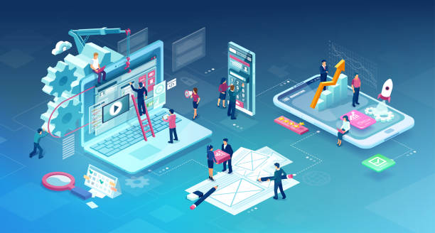 ilustraciones, imágenes clip art, dibujos animados e iconos de stock de vector del equipo de desarrollo de software que trabaja en una nueva startup, creación de aplicaciones móviles, diseño de sitios web - diseño web