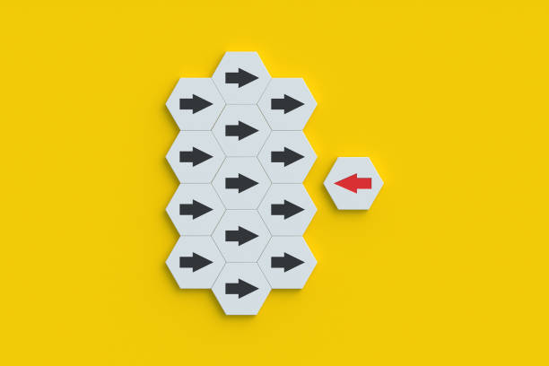 istock Crowd resistance concept. Unique idea. Individual opinion. Different thinking. Alternative way. Opposition to the system. Arrows on honeycomb. 3d render 1631464404
