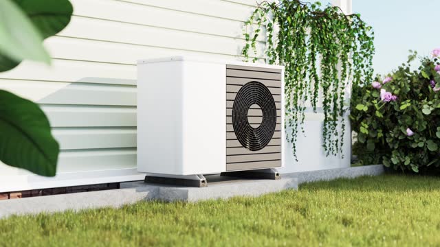 Animated photorealistic 3d render of a fictitious air source heat pump with a rotating fan mounted to a concrete base  on the outside of a house. Rose bush, strelitzia and ivy in the garden