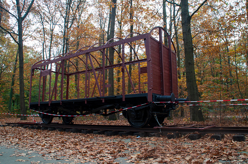 Old train wagon on the former railway track to the Westerbork transit camp, The Netherlands.
