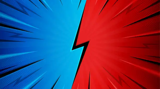 Vector illustration of Flat versus comic style background. Blue and red comic style background with lightning and halftone effect.