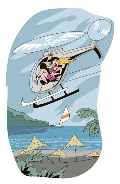 Vector illustration of Blonde woman waves as helicopter flies over the beach