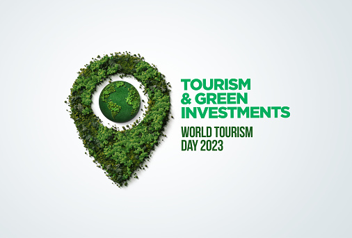 World tourism day creative 3d concept background. World Location Green 3d Icon illustration. Earth shape on location pin concept of World Tourism Day.