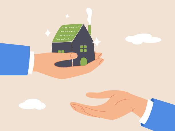 ilustraciones, imágenes clip art, dibujos animados e iconos de stock de asesor financiero en concepto de planificación de legado. heredar casa o bienes inmuebles de los padres, pasando una herencia a los hijos, padre dando casa, riqueza o propiedad a sus hijos de pequeña mano. - herencia