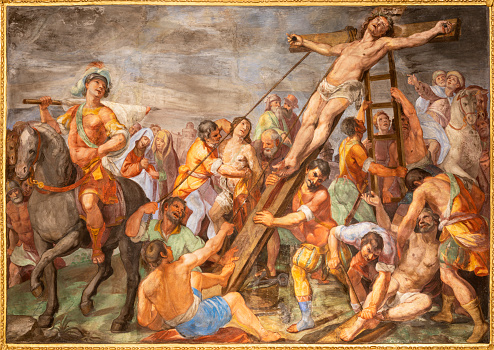 Genova - The fresco of Crucifixion in the church Chiesa del Gesu by Giovanni Battista and his brother Giovanni Carlone from 17. cent.
