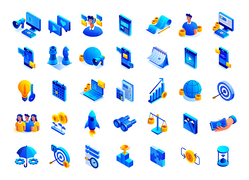 Vector Illustration of Business and Marketing Isometric Icon Set and Three Dimensional Design.