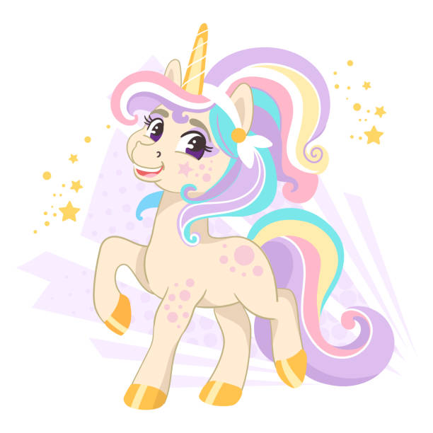 Cute cartoon character happy unicorn vector illustration 21 Cute cartoon character happy unicorn with a rainbow mane. Vector illustration isolated on a white background. Happy magic unicorn. For print, design, poster, sticker, card, decoration,t shirt disney character free background stock illustrations