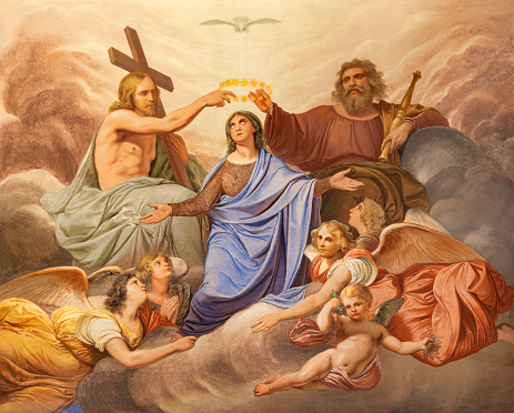 Genova - The fresco of Coronation of Virgin Mary in the church Chiesa di Francesco da Paola by Giuseppe Isola (18. cent.).