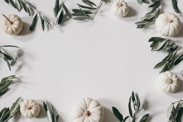 istock Autumn floral decorative frame with vegetable. White little pumpkins, olive tree leaves and branches isolated on table background. Seasonal banner for Thanksgiving, Halloween. Winter holiday flat lay 1631519610