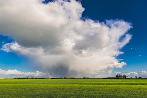 Rainbow during a rain and hail storm over a meadow near Zwolle in Overijssel, Netherlands.