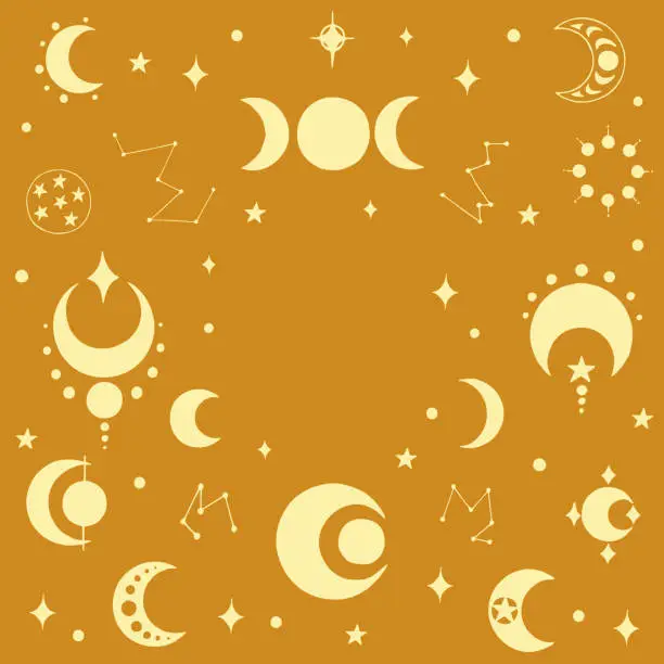 Vector illustration of Frame of moon mystical and mysterious elements in hand drawn style. Perfect for textile, cards, mystery,  logo emblems and product packaging.