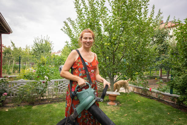 Full length of professional gardener is walking in beautiful landscaped garden and carrying power saw.