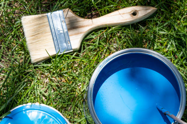 istock Blue paint can and brush from above on green background. 1631534853