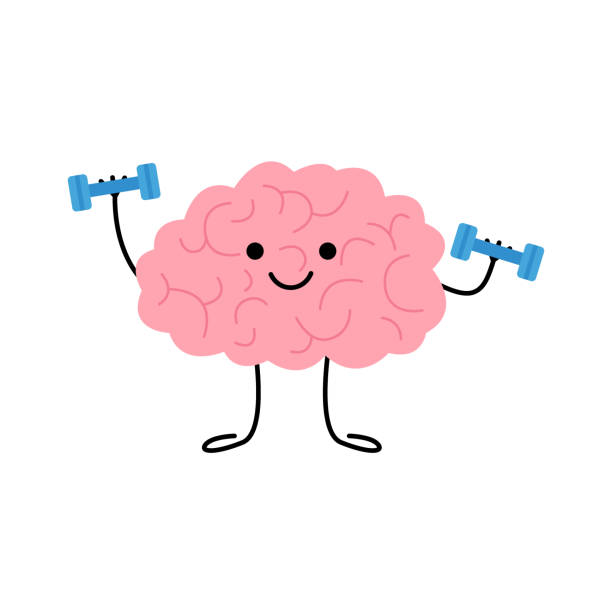 Brain training, sport, doing exercise in education, cute character. Mind power. Brain character lifting dumbbells. Vector Brain training, sport, doing exercise in education, cute character. Mind power. Brain character lifting dumbbells. Vector illustration cartoon of the physical fitness stock illustrations
