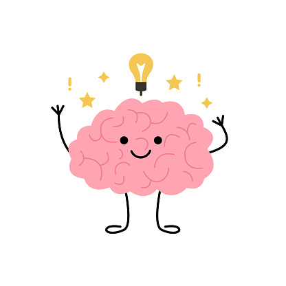 Brain think, light bulb as idea, cute child character. Happy brain learn and finds solution. Vector illustration