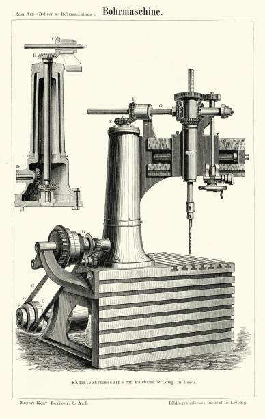 Victorian industrial equipment, drilling machine, drill, Bohrmaschine, German, 1870s 19th Century history Vintage illustration Victorian industrial equipment, drilling machine, drill, Bohrmaschine, German, 1870s 19th Century history chuck drill part stock illustrations