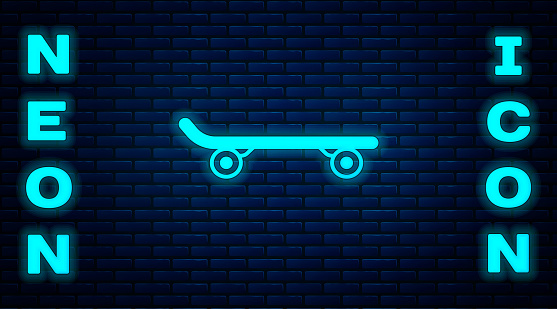 Glowing neon Skateboard icon isolated on brick wall background. Extreme sport. Sport equipment. Vector.