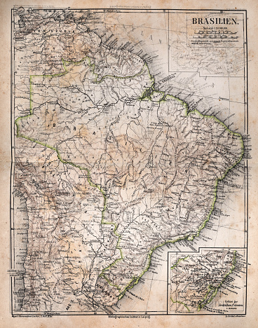 Vintage antique map of Brazil, detail of German colony, Amazon river, German text, 1870s 19th Century