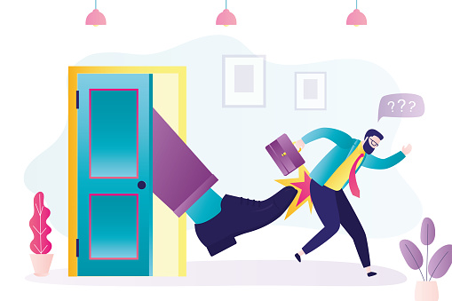 Big boot kicked dismissal worker. Boss fired employee from company. Concept of jobless troubles, staff reduction. Businessman dismissed from work, open door. Office interior. flat vector illustration