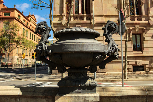An amphora, a metal vase, an ornamentation, from Lluis Campanis square, in the city of Barcelona, ​​Spain, Europe