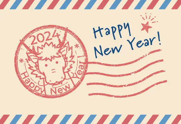 Vector illustration of Stylish and cute New Year's card template for the Year of the Dragon (in postmark style)