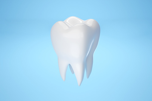 Healthy white teeth on blue background 3D rendering.