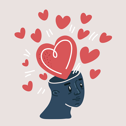 Cartoon vector illustration of heart in head. Psychology concept. Emotion and falling in love. Love filling.