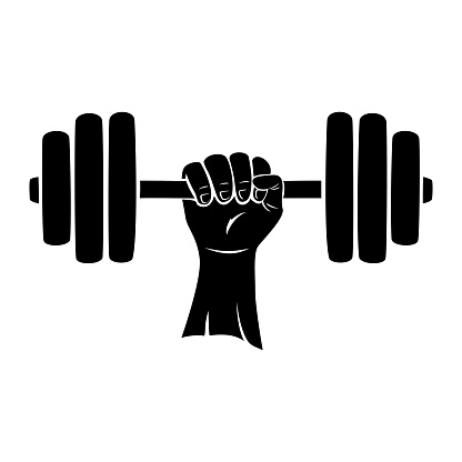 hand lift dumbbell silhouette. gym exercise sign and symbol.