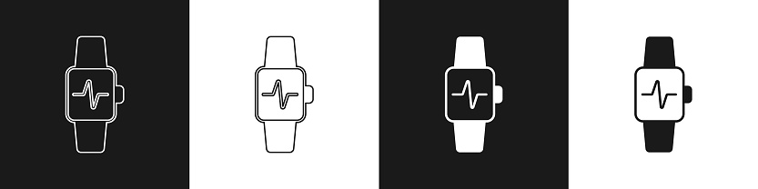 Set Smart watch showing heart beat rate icon isolated on black and white background. Fitness App concept. Vector.