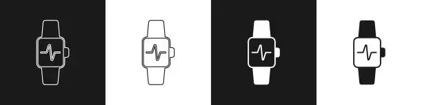 Vector illustration of Set Smart watch showing heart beat rate icon isolated on black and white background. Fitness App concept. Vector