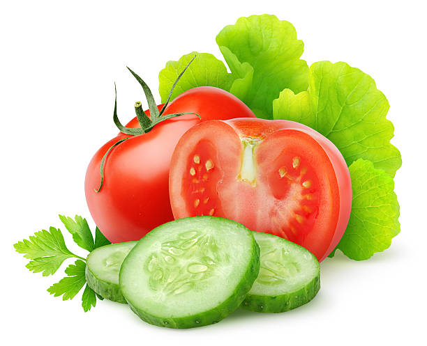 istock Fresh tomato lettuce and cucumber isolated on white 163159204