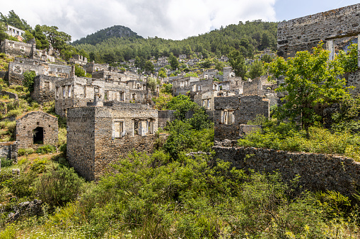 Abandoned Greek village in Turkey. Stone houses and ruins of Kayakoy, Fethiye, Mugla, Turkey.