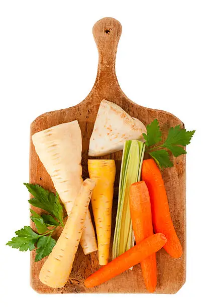 soup vegetables on wooden cutting board