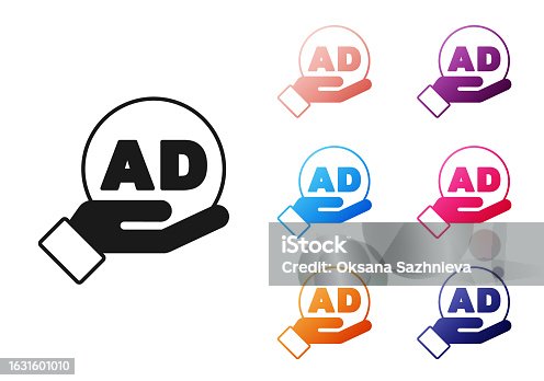 istock Black Advertising icon isolated on white background. Concept of marketing and promotion process. Responsive ads. Social media advertising. Set icons colorful. Vector 1631601010
