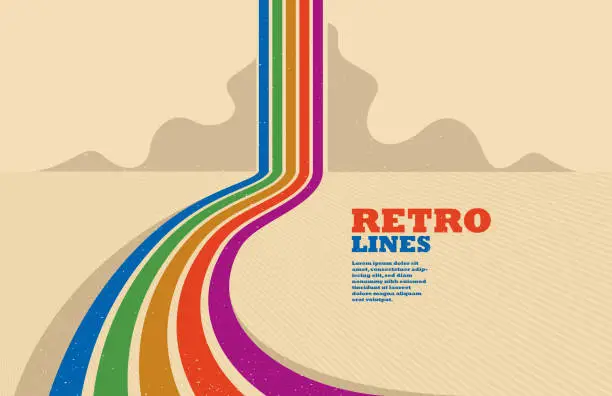 Vector illustration of Linear vector abstract background in all colors of rainbow, retro style lines in 3D dimensional perspective, vintage poster art.