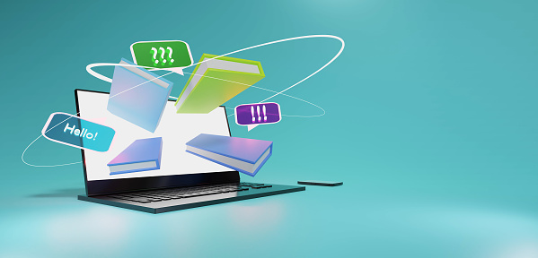 Back to School - 3d template background banner - with books and laptop. Online Education.